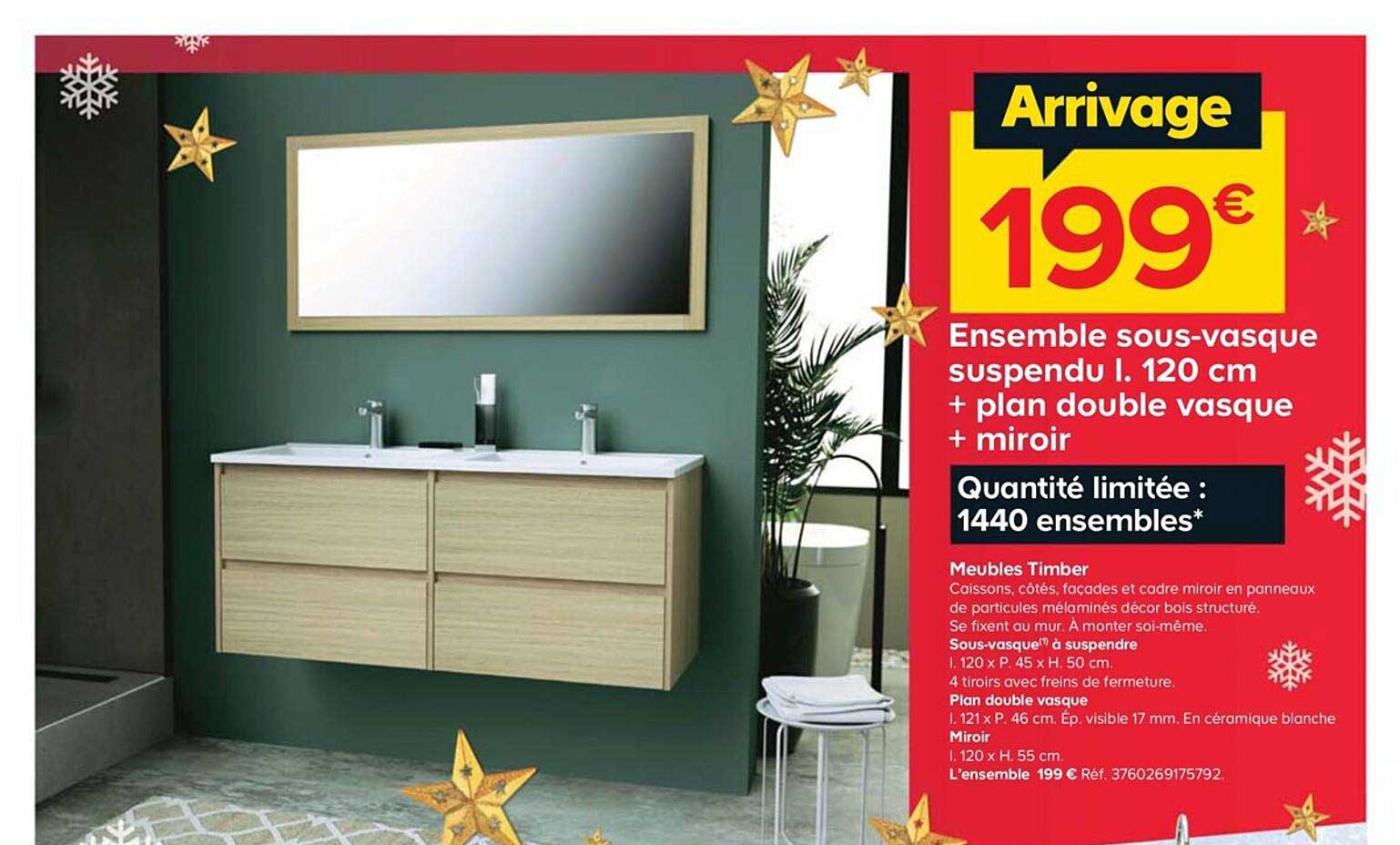 ensemble sous vasque suspendu i.120 cm + plan double vasque + miroir