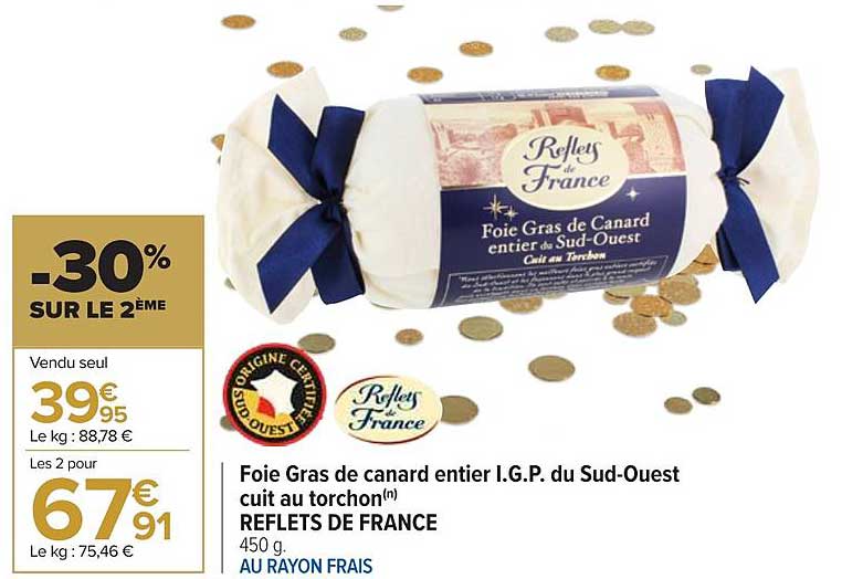 foie gras de canard entier i.g.p. du sud-ouest cuit au torchon reflets de france
