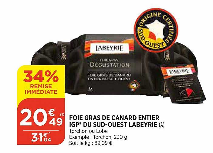 foie gras de canard entier igp du sud ouest labeyrie 34% de remise immédiate