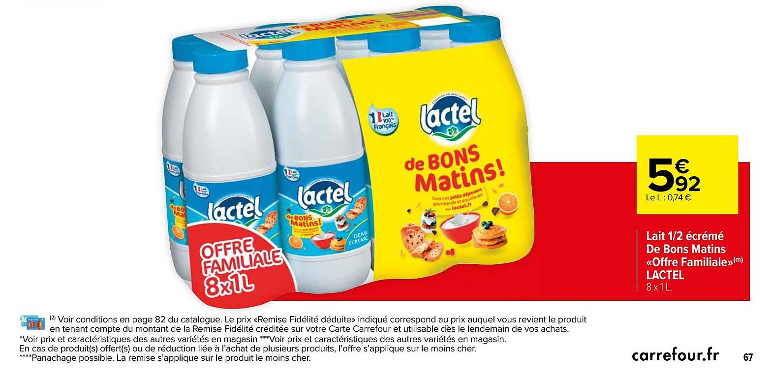 lait 1-2 écrémé de bons matins «offre familiale» lactel