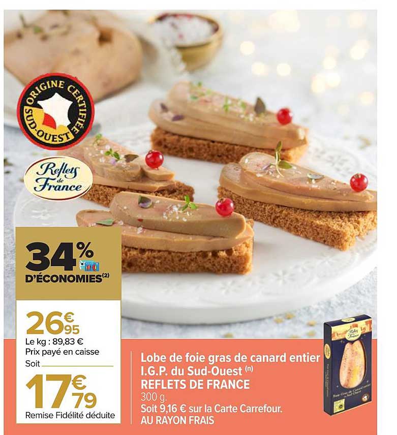 lobe de foie gras de canard entier i.g.p. du sud-ouest reflets de france