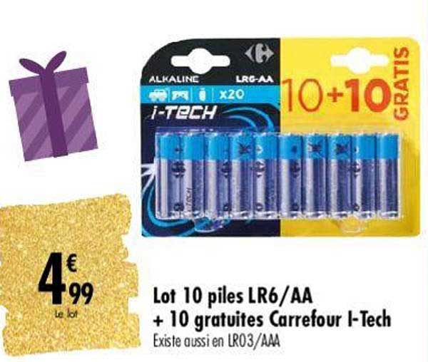 lot 10 piles lr6 - aa + 10 gratuites carrefour i-tech