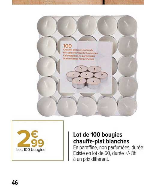 lot de 100 bougies chauffe-plat blanches