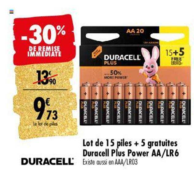 lot de 15 piles + 5 gratuites duracell plus power aa-lr6