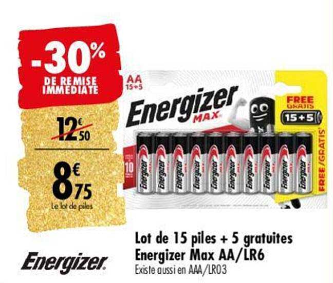 lot de 15 piles + 5 gratuites energizer max aa-lr6