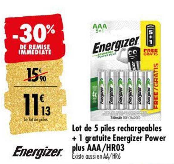 lot de 5 piles rechargeables + 1 gratuite energizer power plus aaa-hr03