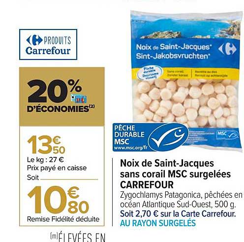 noix de saint-jacques sans corail msc surgelées carrefour