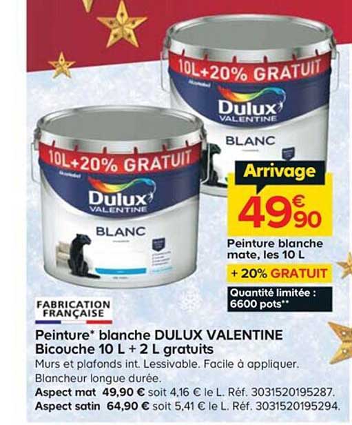 peinture blanche dulux valentine bicouche 10 l + 2 l gratuits