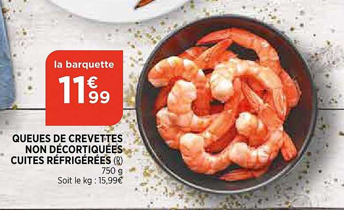 queues de crevettes non décortiquées cuites réfrigérées