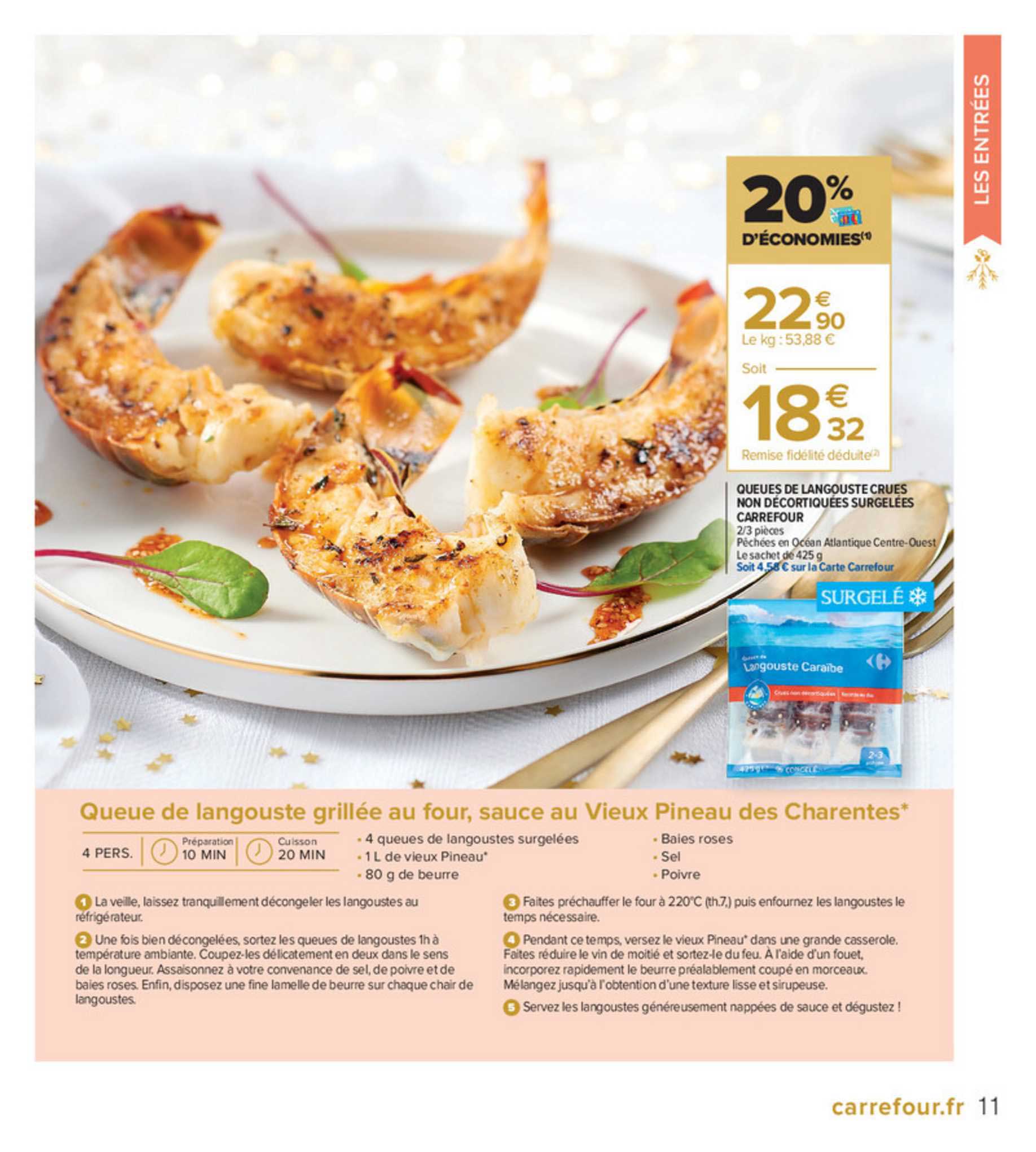 queues de langouste crues non décortiquées surgelées carrefour
