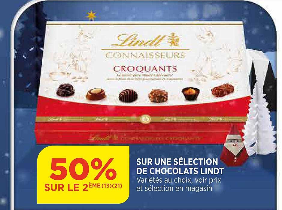 sur une sélection de chocolats lindt 50% sur le 2ème