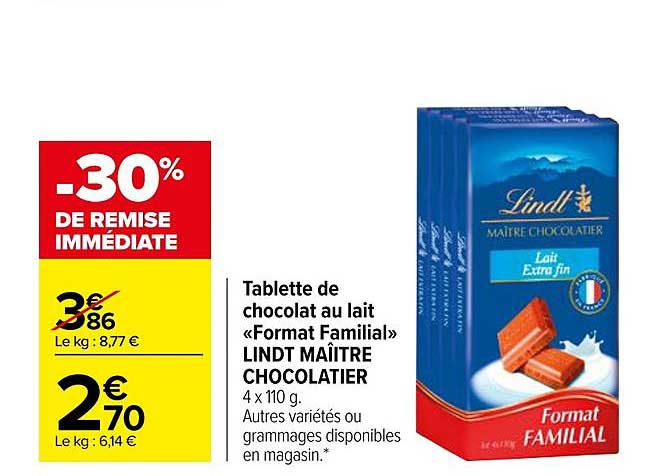 tablette de chocolat au lait «format familial» lindt maître chocolatier