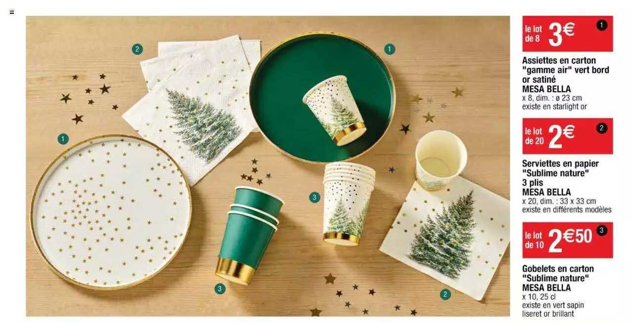 assiettes en carton "gamme air" vert bord or satiné mesa bella, serviettes en papier "sublime nature" 3 plis mesa bella, gobelets en carton "sublime nature" mesa bela