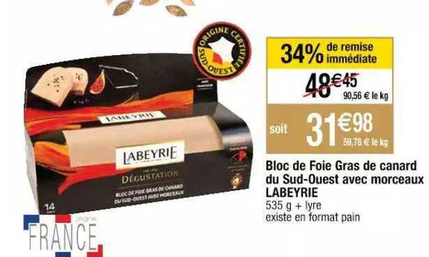 bloc de foie gras de canard du sud-ouest avec morceaux labeyrie