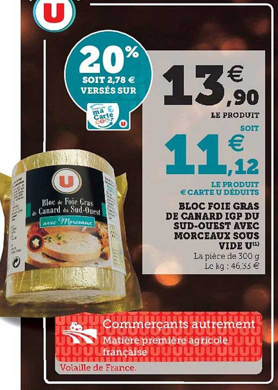 bloc foie gras de canard igp du sud-ouest avec morceaux sous vide u