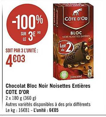 Chocolat Bloc Noir Noisettes Entières Côte D'or