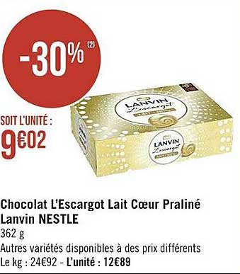 chocolat l'escargot lait coeur praliné lanvin nestlé