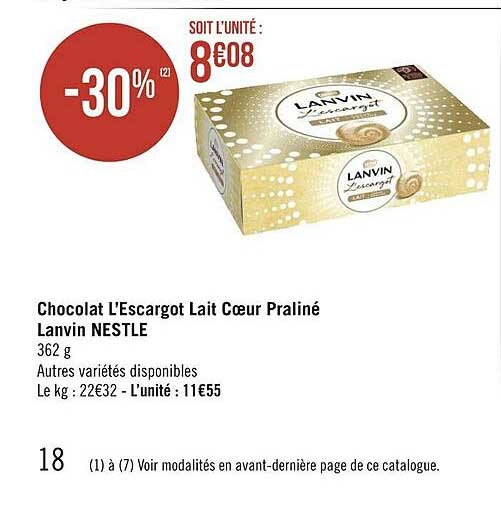 chocolat l'escargot lait cœur praliné lanvin nestlé