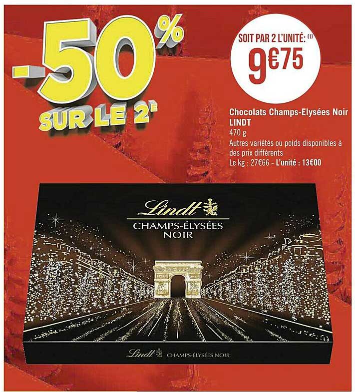 chocolats champs-elysées noir lindt -50% sur le 2e