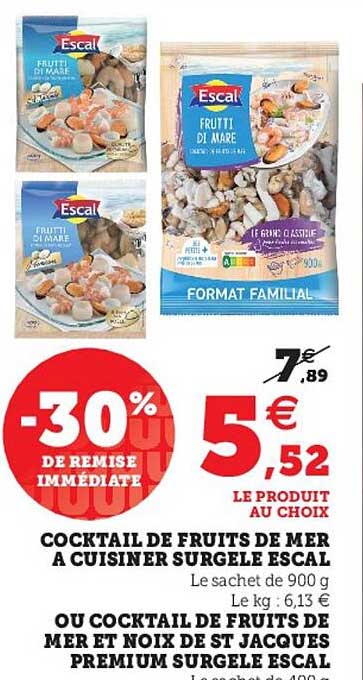 cocktail de fruits de mer à cuisiner surgelé escal ou cocktail de fruits de mer et noix de st jacques premium surgelé escal