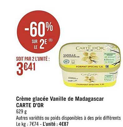 Crème Glacée Vanille De Madagascar Carte D'or -60% Sur Le 2e