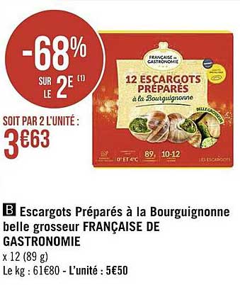 escargots préparés à la bourguignonne belle grosseur française de gastronomie -68% sur le 2e