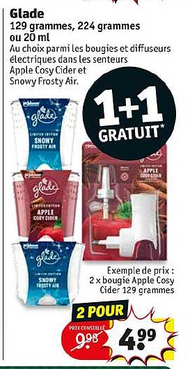 glade 129 grammes 224 grammes ou 20 ml 2 x bougie apple cosy cider 129 grames 1+1 gratuit