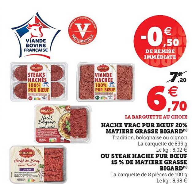 haché vrac pur bœuf 20% matière grasse bigard ou steak haché pur bœuf 15% de matière grasse bigard