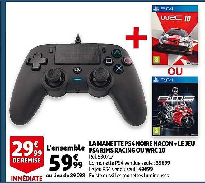 la manette ps4 noir nacon + le jeu ps4 rims racing ou wrc 10