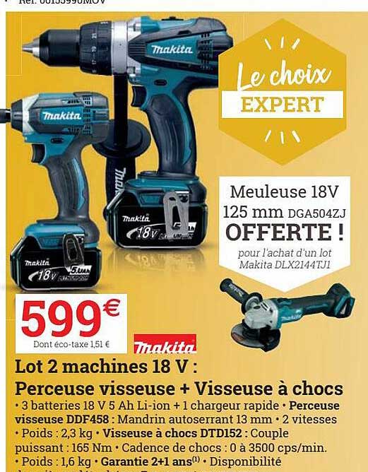 lot 2 machines 18 v: perceuse visseuse + visseuse à chocs makita