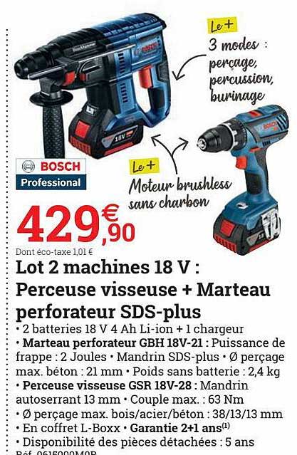 lot 2 machines 18 v perceuse visseuse + marteau perforateur sds-plus bosch