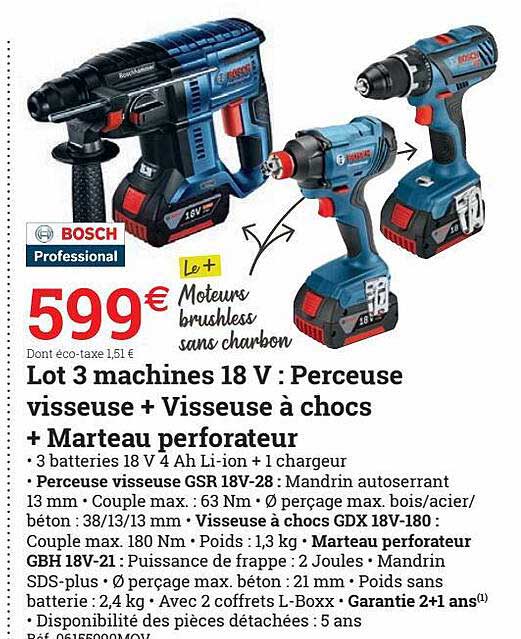 lot 3 machines 18 v : perceuse visseuse + visseuse à chocs + marteau perforateur bosch