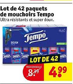 lot de 42 paquets de mouchoirs tempo ultra résistants et super doux