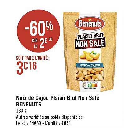 noix de cajou plaisir brut non salé benenuts -60% sur le 2e