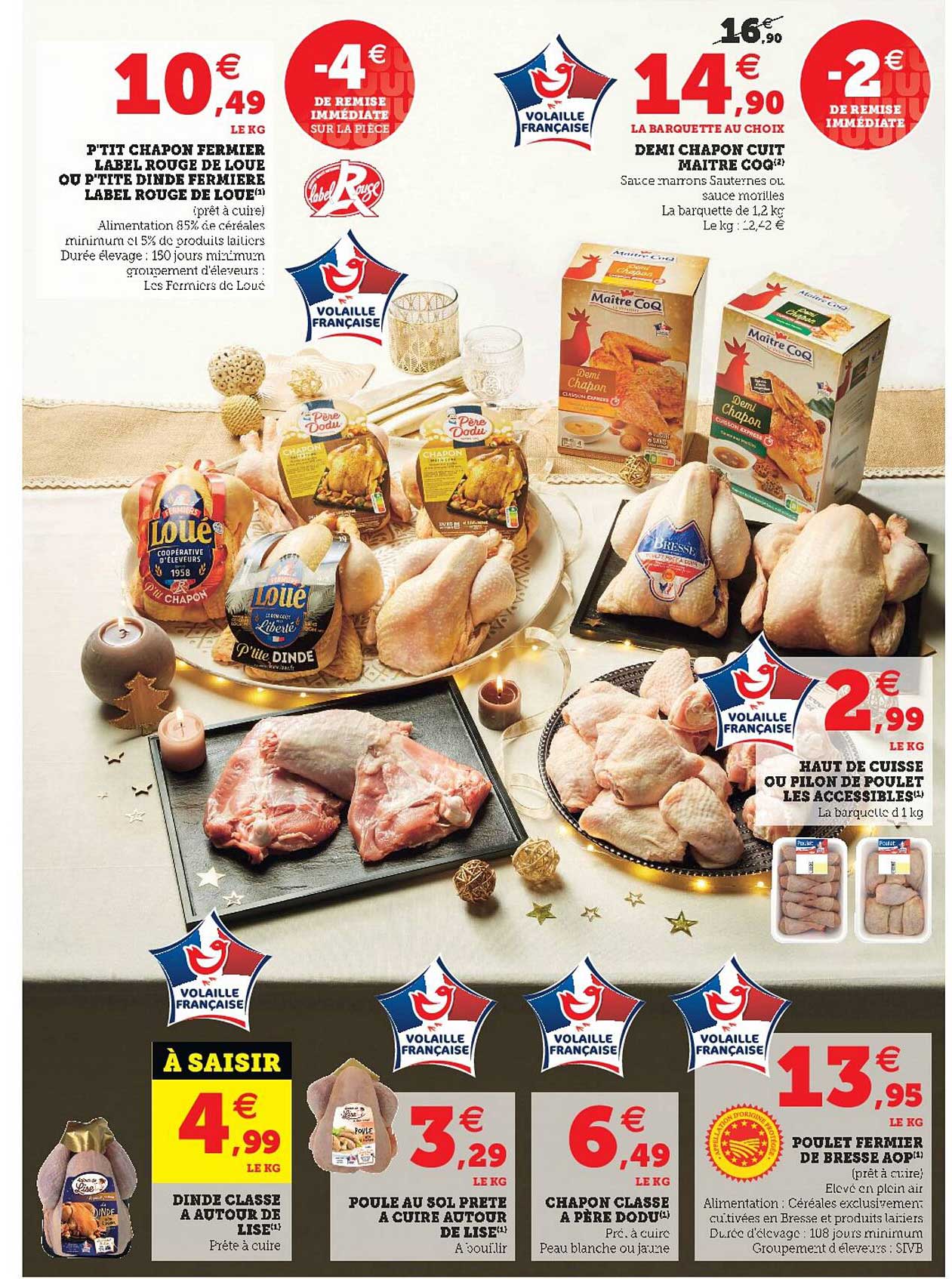 p'tit chapon fermier label rouge de loué ou p'tite dinde fermière label rouge de loué, demi chapon cuit maître coq, haut de cuisse ou pilon de poulet les accessibles, dinde classe à autour de lise