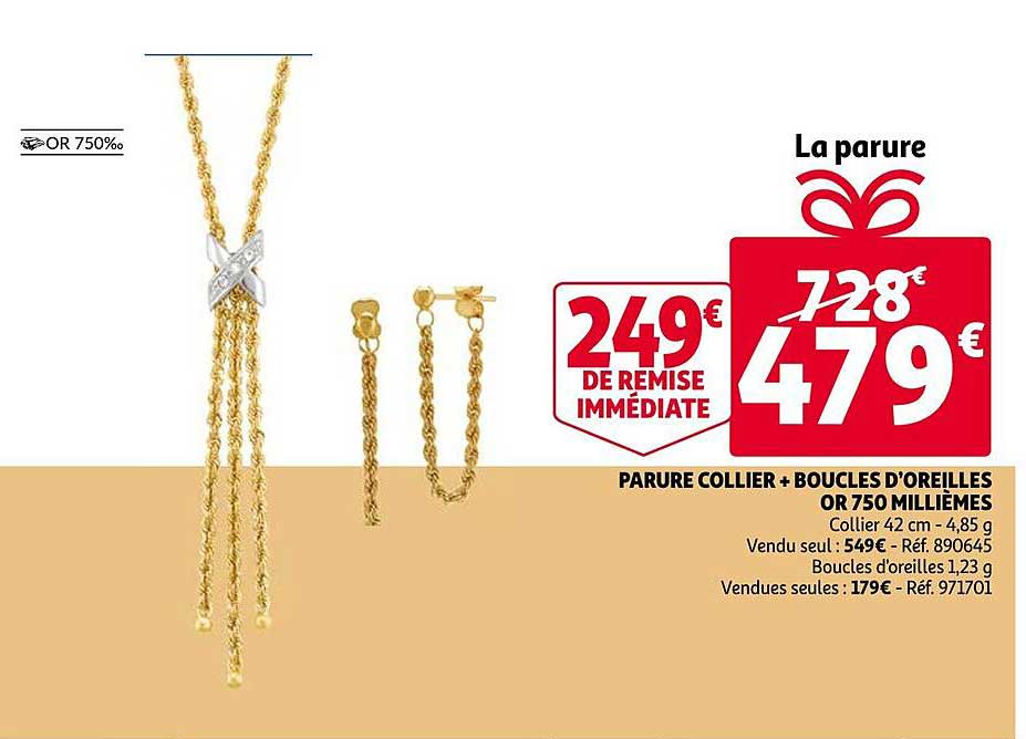 parure collier + boucles d'oreilles or 750 millièmes