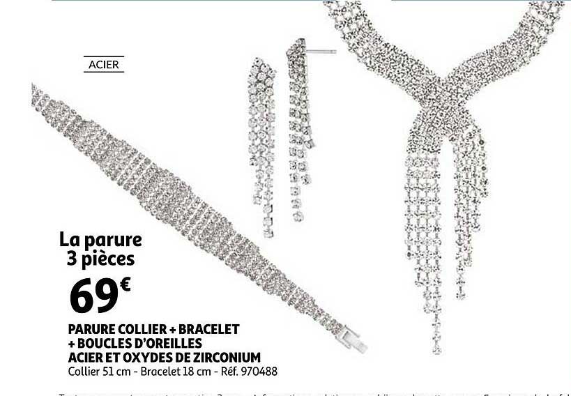 parure collier + bracelet + boucles d'oreilles acier et oxydes de zirconium