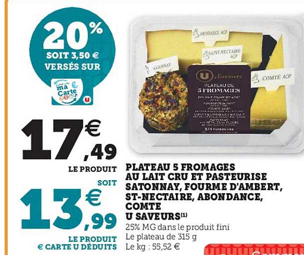 plateau 5 fromages au lait cru et pasteurisé satonnay, fourme d'ambert, st-nectaire, abondance, comte u saveurs