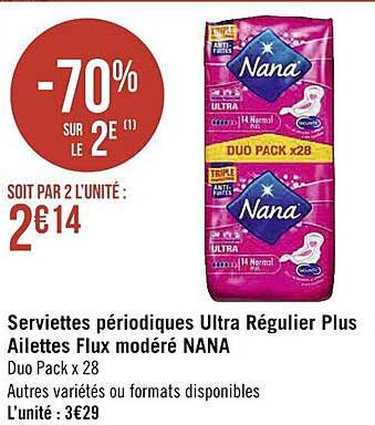 serviettes périodiques ultra régulier plus ailettes flux modéré nana