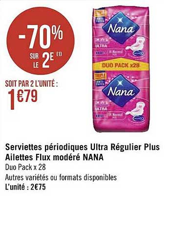 serviettes périodiques ultra régulier plus ailettes flux modéré nana
