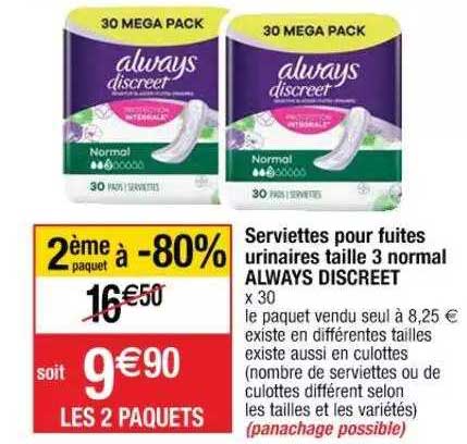 serviettes pour fuites urinaires taille 3 normal always discreet
