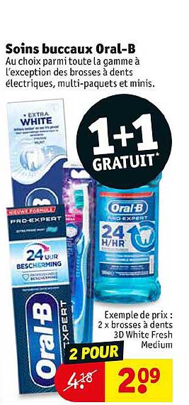 soins buccaux oral-b 2 x brosses à dents 3d white fresh medium