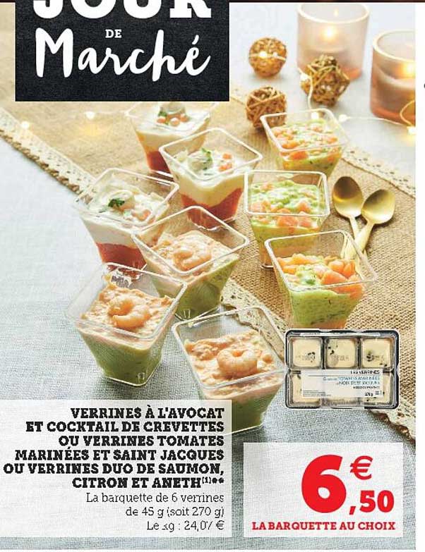 verrines à l'avocat et cocktail de crevettes ou verrines tomates marinées et saint jacques ou verrines duo de saumon, citron et aneth