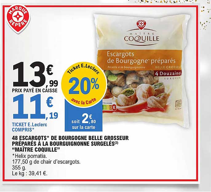 48 escargots de bourgogne belle grosseur préparés à la bourguignonne surgelés "maître coquille"