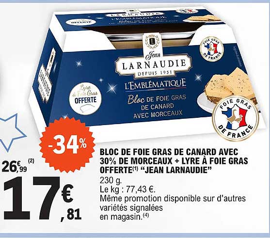 bloc de foie gras de canard avec 30% de morceaux + lyre à foie gras offerte "jean larnaudie"