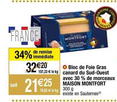 bloc de foie gras de canard du sud-ouest avec 30% de morceaux maison montfort
