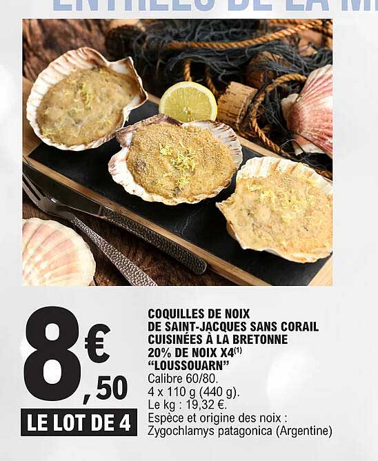 coquilles de noix de saint-jacques sans corail cuisinées à la bretonne 20% de noix x4 "loussouarn"