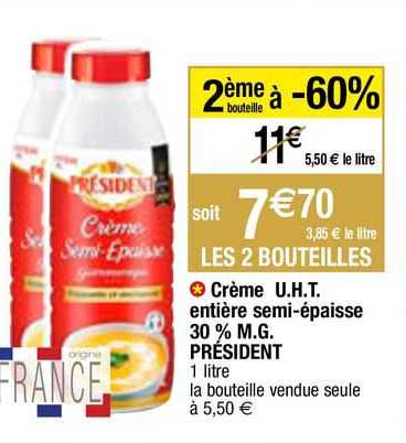 crème u.h.t. entière semi-épaisse 30% m.g. président