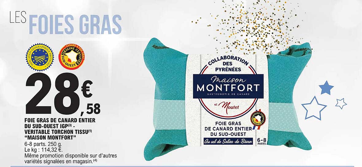 foie gras de canard entier du sud-ouest igp - veritable torchon tissu "maison montfort"