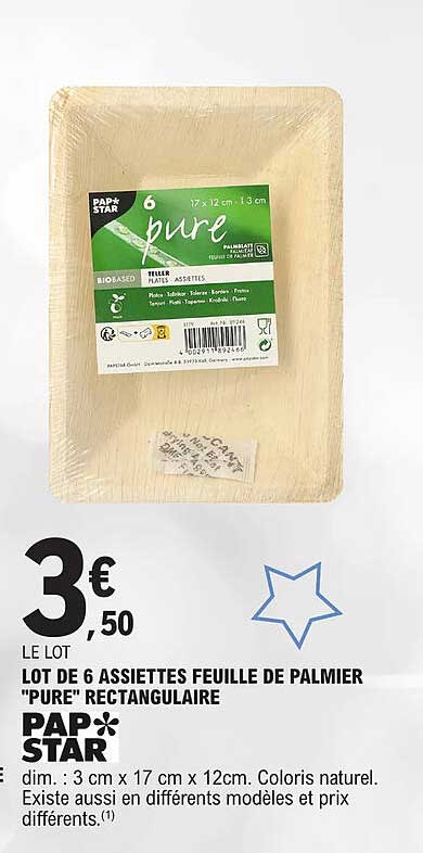 lot de 6 assiettes feuille de palmier "pure" rectangulaire pap star